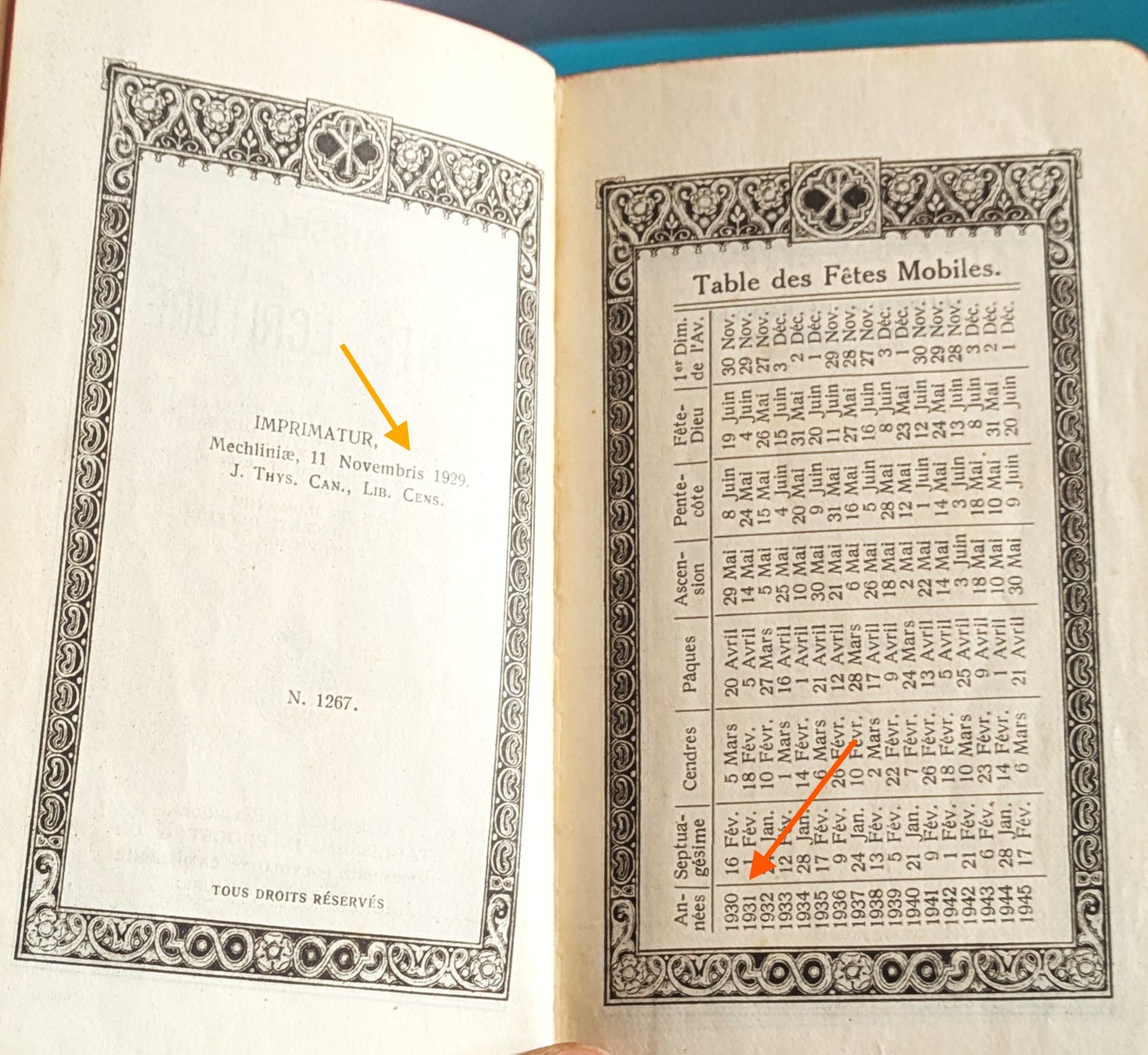 Page d'Imprimatur permettant de dater un missel